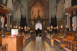 Looking through the Quire of Worcester Cathedral to the Nave and the West window Wallpaper