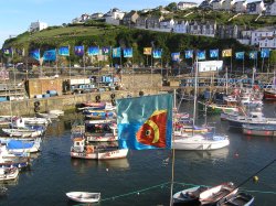 Mevagissey harbour, Cornwall, festival week flags Wallpaper