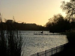 London Spring, Dawn and Dusk. Hyde Park Early morning swimmers at the Serpentine Lido Wallpaper