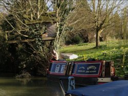 A tree-house (with owner, eating sandwich) by the Oxford canal, Lower Heyford, Oxfordshire. Wallpaper