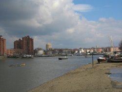 Battersea shore and view of Chelsea over the river Wallpaper