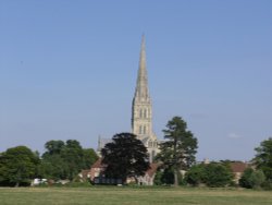 The Cathedral and cathedral close buildings from Harnham meadows, Salisbury, Wiltshire Wallpaper