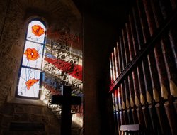 Stained glass and organ pipes, St Giles Church, Noke, Oxon