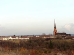 All Saints Church and Woodlands village from Brodsworth Community Woodland Wallpaper