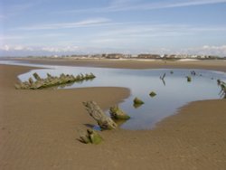 Timbers from the wreck of an old sailing ship on Cleveley's beach