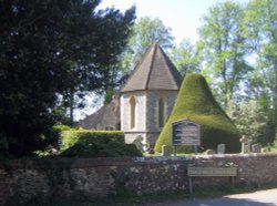 The Church of St. John the Baptist, Kidmore End and one of the magnificent yews in the churchyard Wallpaper