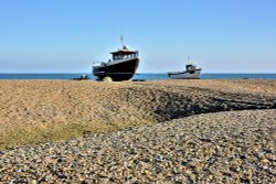 Two Current Fishing Boats Perched on a Shingle Bank at Dungeness Wallpaper