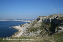 View of Chesil Beach and Portland Harbour from the Isle of Portland Wallpaper