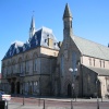 Bishop Auckland market place. Town hall and St Anne's church.