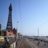 View of Blackpool Tower from the top of an open top tram, waiting at North Pier tram stop.