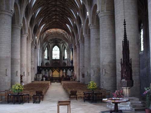 The giant Norman Towers inside Tewkesbury Abbey