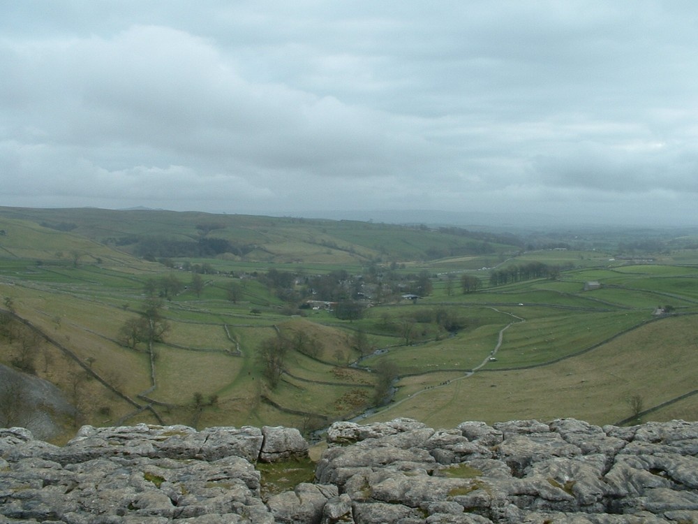 Malham village from the top of Malham Cove, Yorkshire Dales.