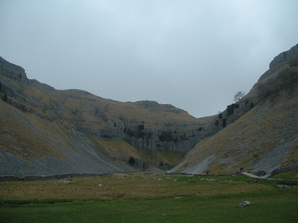 Approaching Gordale Scar, an ancient collapsed cave system near Malham, Yorkshire Dales.