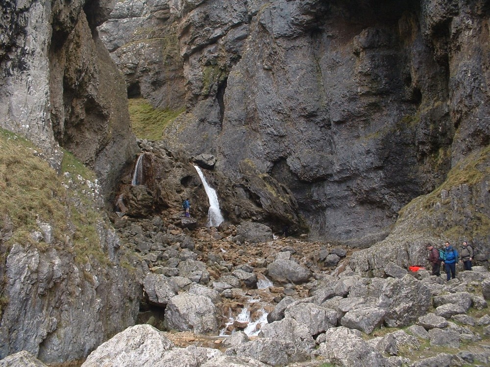 Gordale Scar waterfall, an ancient collapsed cave system near Malham, Yorkshire Dales.