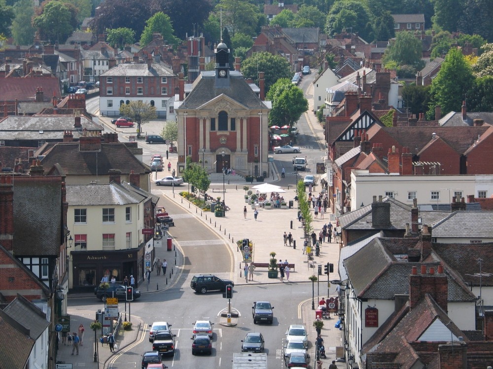 Henley on Thames, Oxfordshire. Town Hall and Market Place, view from tower of St Mary's church.