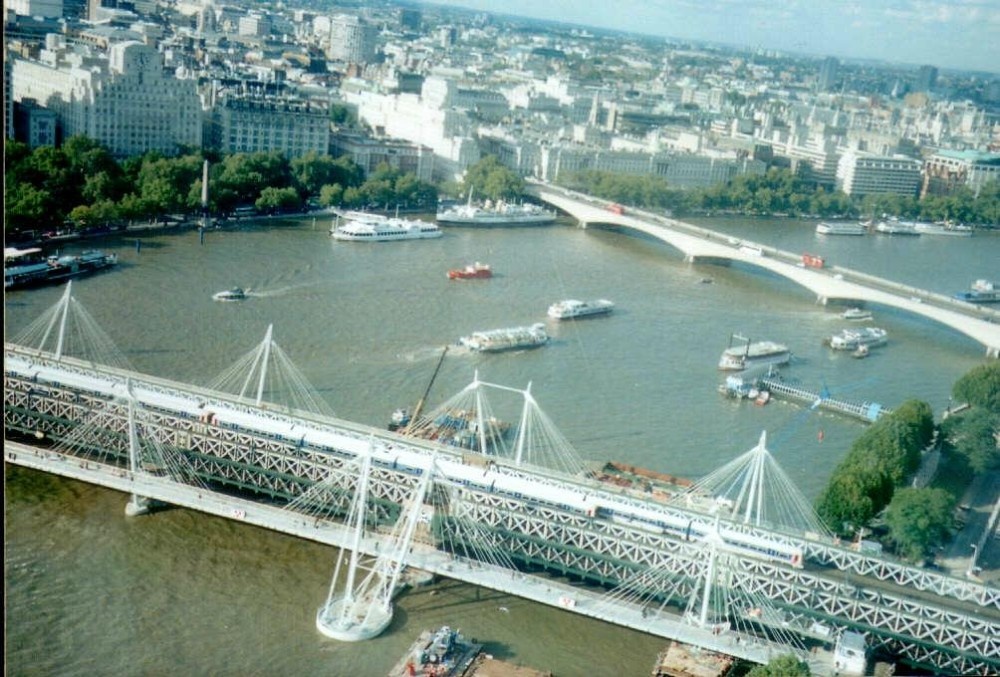 London - from London Eye - Hunderford Bridge and Waterloo Bridge, Sept 2002