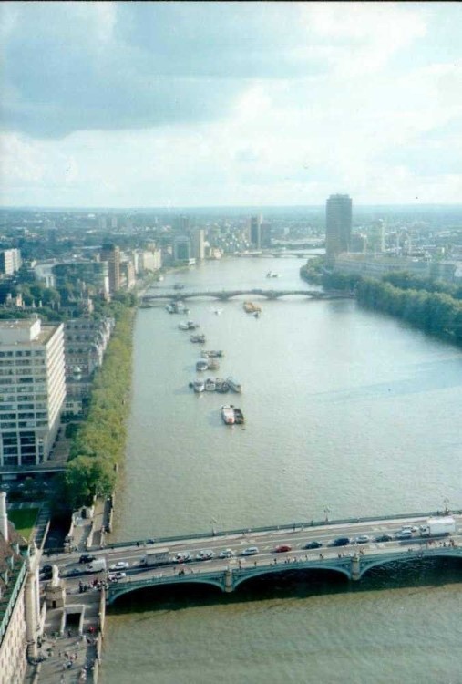 London - from London Eye - Thames and Westminster Bridge, Sept 2002