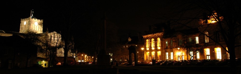 The Queens Hall, Beaumont Street, right. And Hexham Abbey, left.