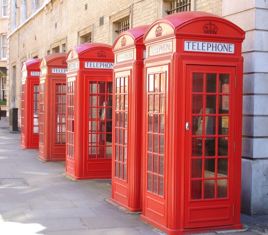 Traditional red telephone boxes off Bow Street, London