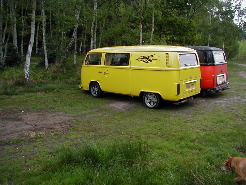 Shouldham, Norfolk. In the woods. VW camper van X2