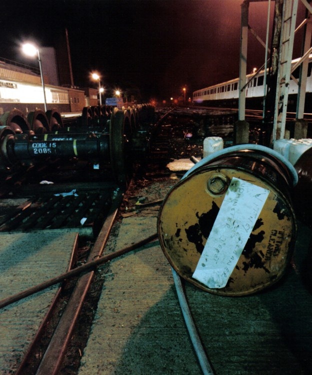 Upminster District Underground depot in Essex. About 2.30am in the 1980s