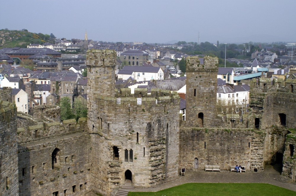 Caernarfon Castle and town from a tower in the castle. North wales, May 2006