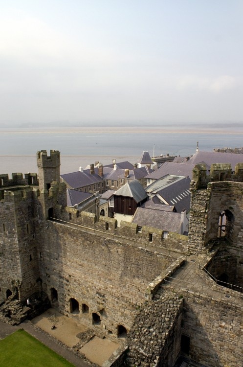 Caernarfon Castle, part of the town and Anglesea accross the menai Strait. May, 2006
