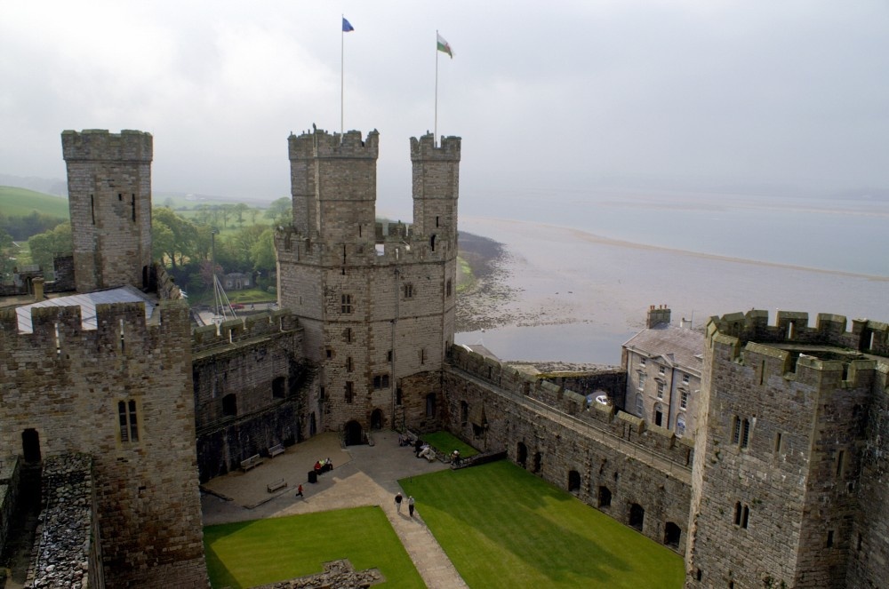 Caernarfon Castle, with the Menai Strait in the background. May, 2006