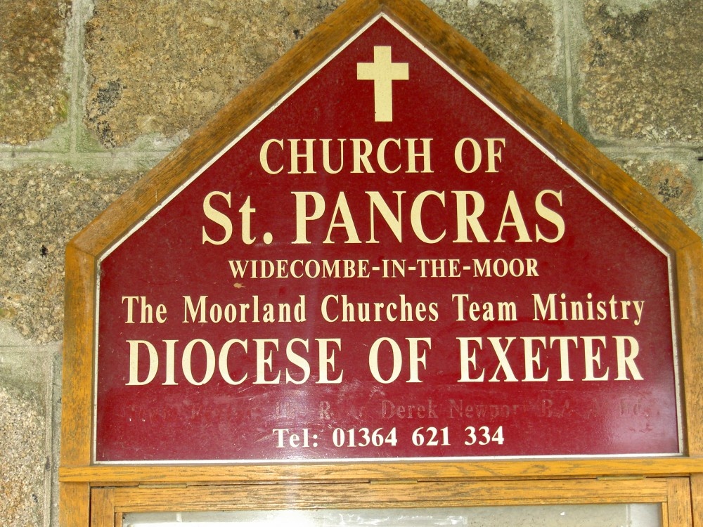 Sign of St. Pancras church, Widecombe in the Moor, Devon.