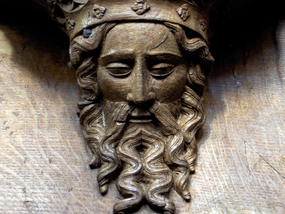 Norwich Cathedral misericord - King's Head detail. Norwich, Norfolk.