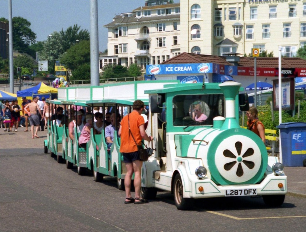 The road-train. The visitors easy get-around transport near the Pier Head in Bournemouth, Dorset