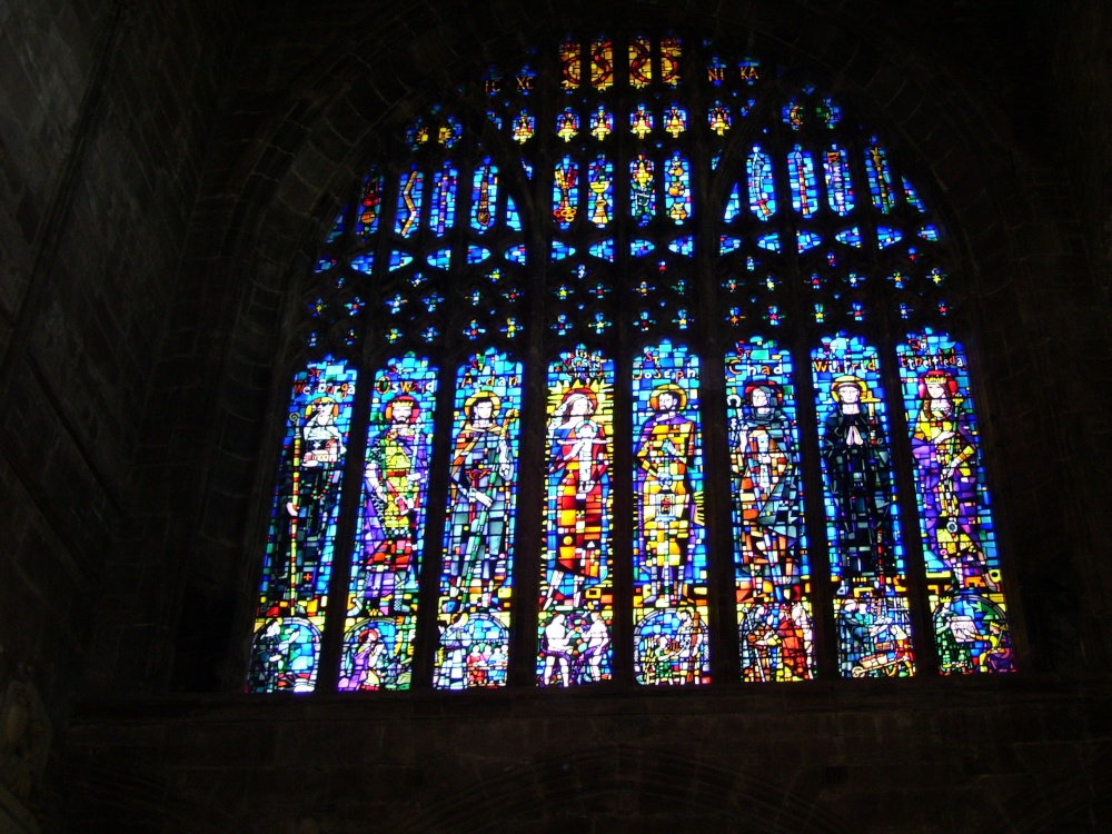 Stained Glass inside Chester Cathedral, Chester, Cheshire.