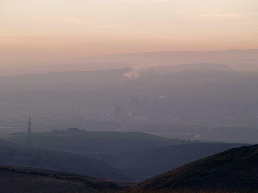 February sunset over Rochdale from Saddleworth Moor, greater Manchester.