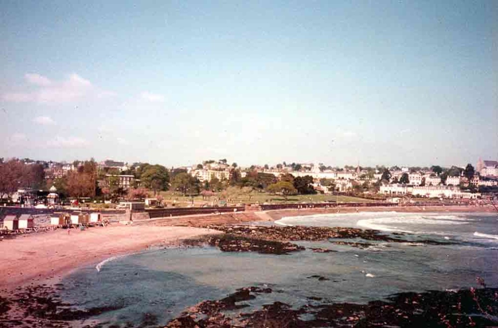 A view of the beach and gardens at Torquay, taken in 1984.