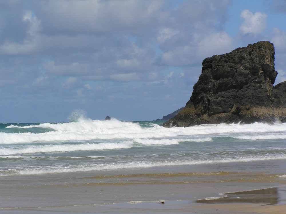Waves roll in on Porthcovan beach, north Cornwall coast.