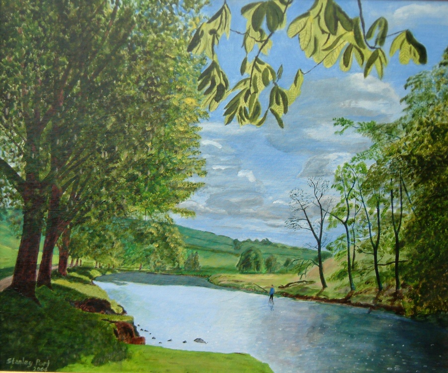 The Fisherman in Wharfdale, near Grassington N Yorkshire: A painting by Stanley Port.