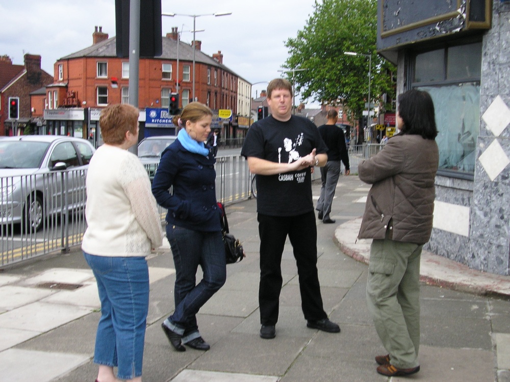Pattie, Loraine, David (mate & tour guide), and David at the roundabout in Liverpool