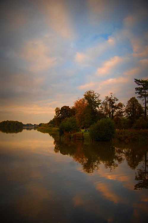 Trentham Gardens lake at sunset, Stoke-on-Trent, Staffordshire