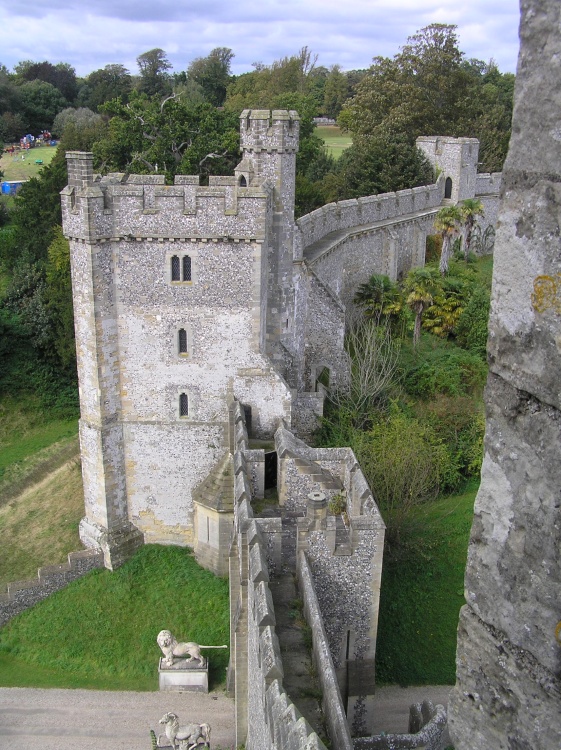 Part of the castle wall seen from the keep at Arundel Castle, West Sussex