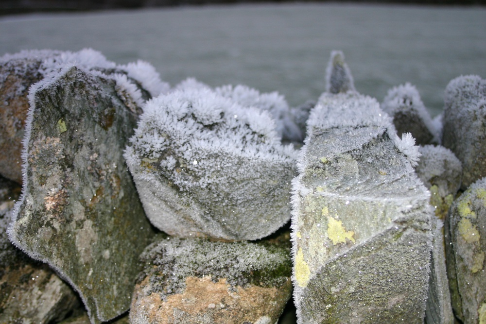 Drystone wall with heavy frost