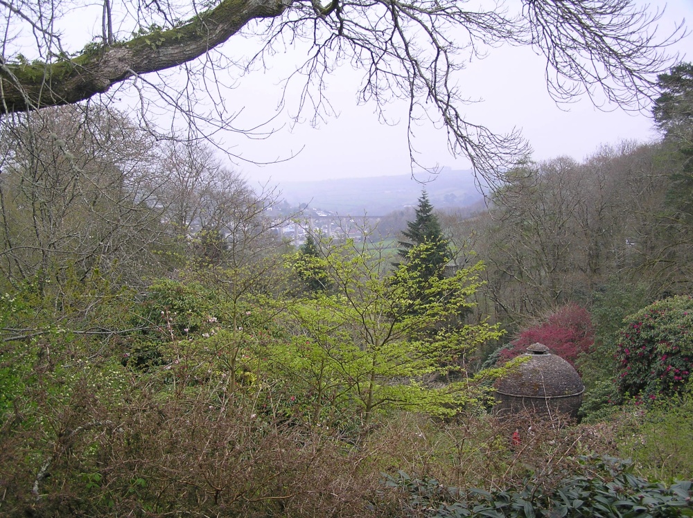 Cotehele garden and view to the distant viaduct