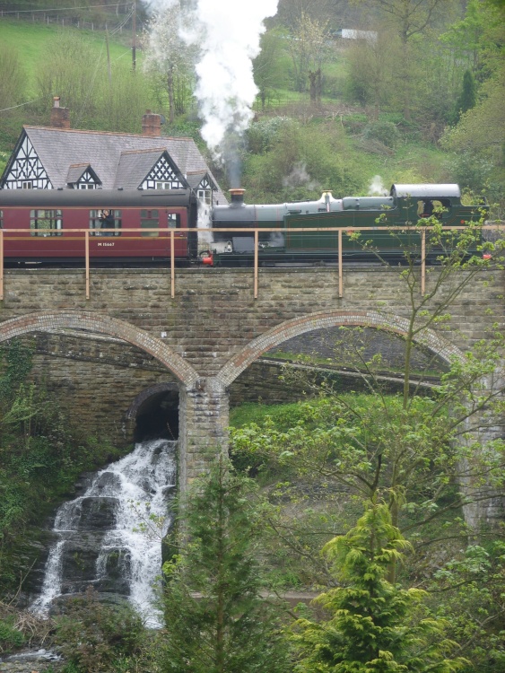 Llangollen railway - train on bridge near Horseshoe Falls