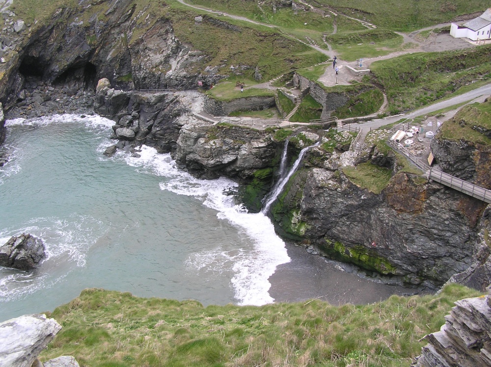 Beach and waterfall, seen from Tintagel Castle