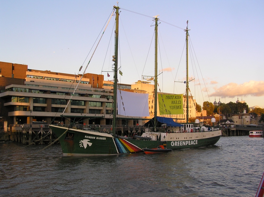The Greenpeace Ship, Rainbow Warrior, moored on the Thames close to Tower Bridge