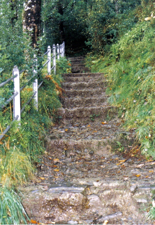The steep steps down into the valley.