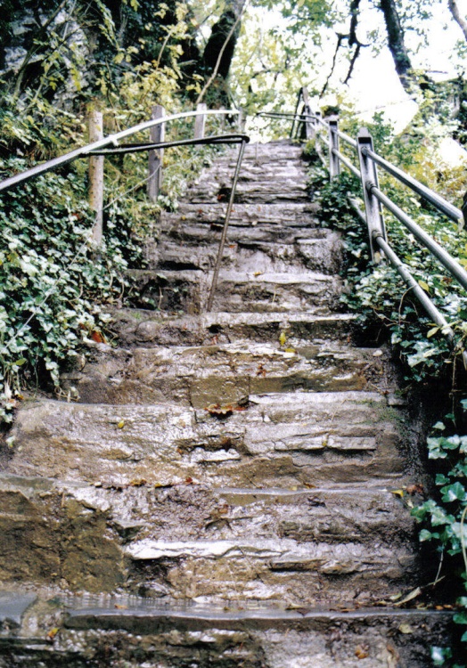 Down some more steep wet steps.