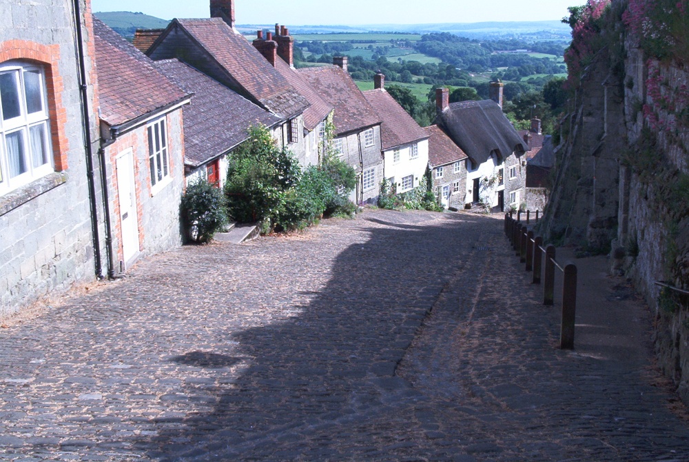 A cobbled street.