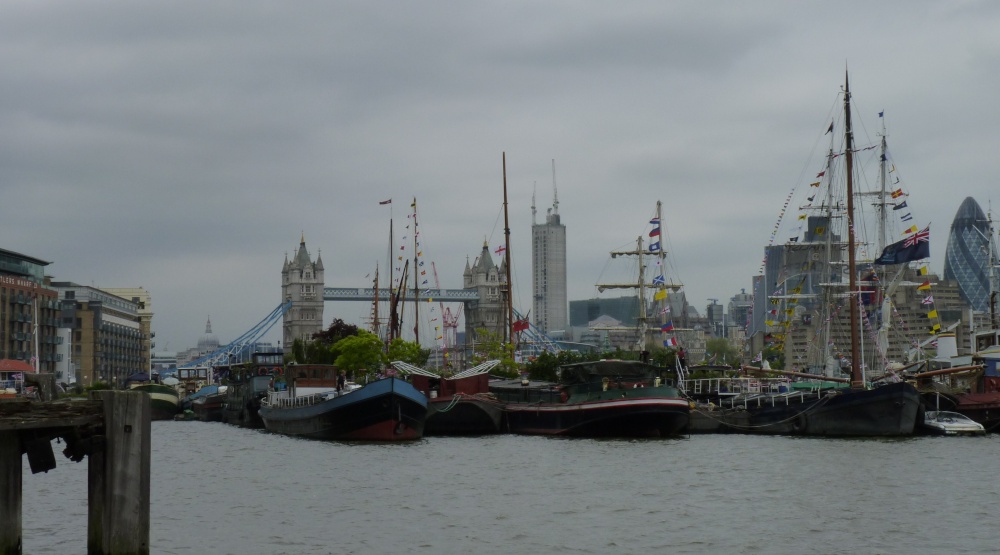 Ships assemble for the Jubilee flotilla near Tower Bridge
