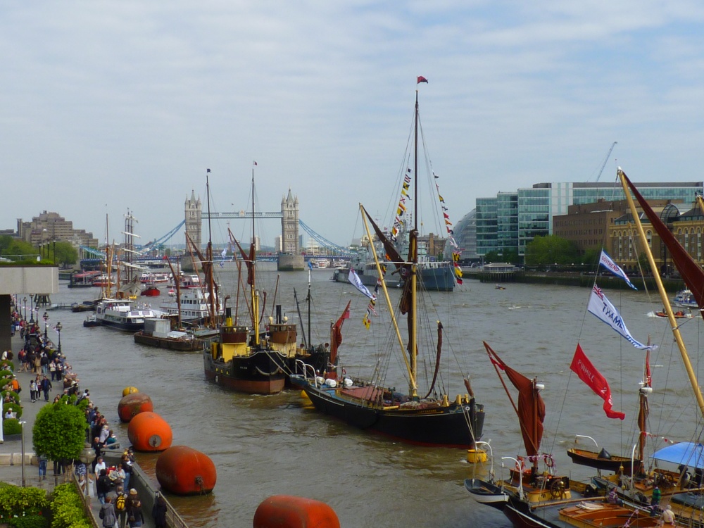 Boats assembled for the Thames pageant at Tower Bridge