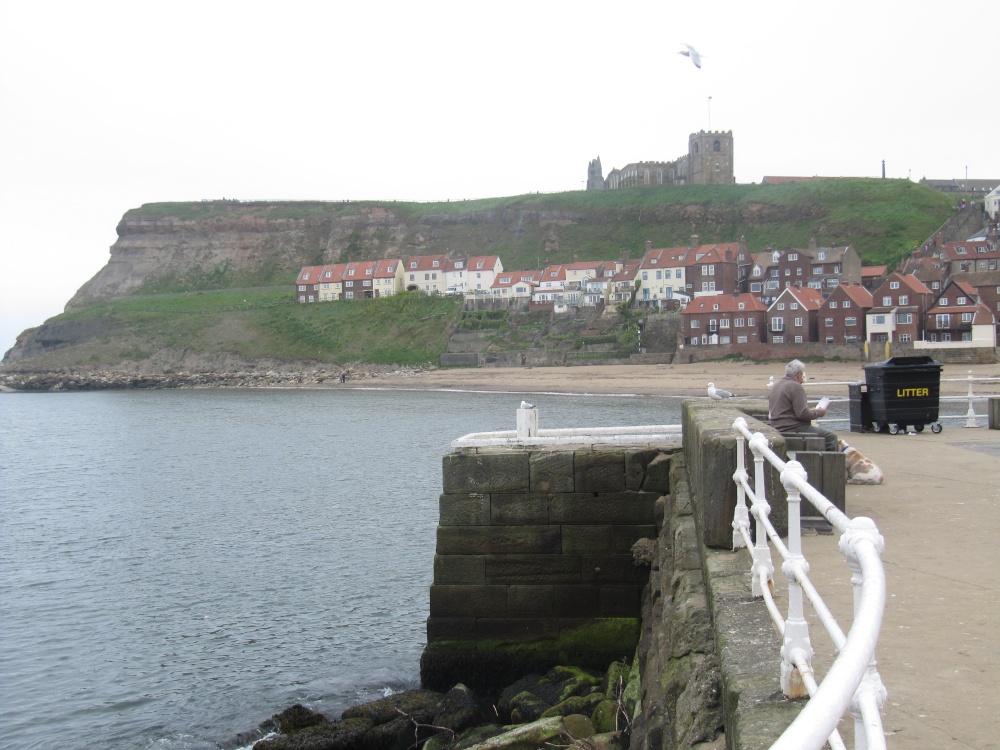 Cliffs in Whitby and Whitby Abbey across River Esk
